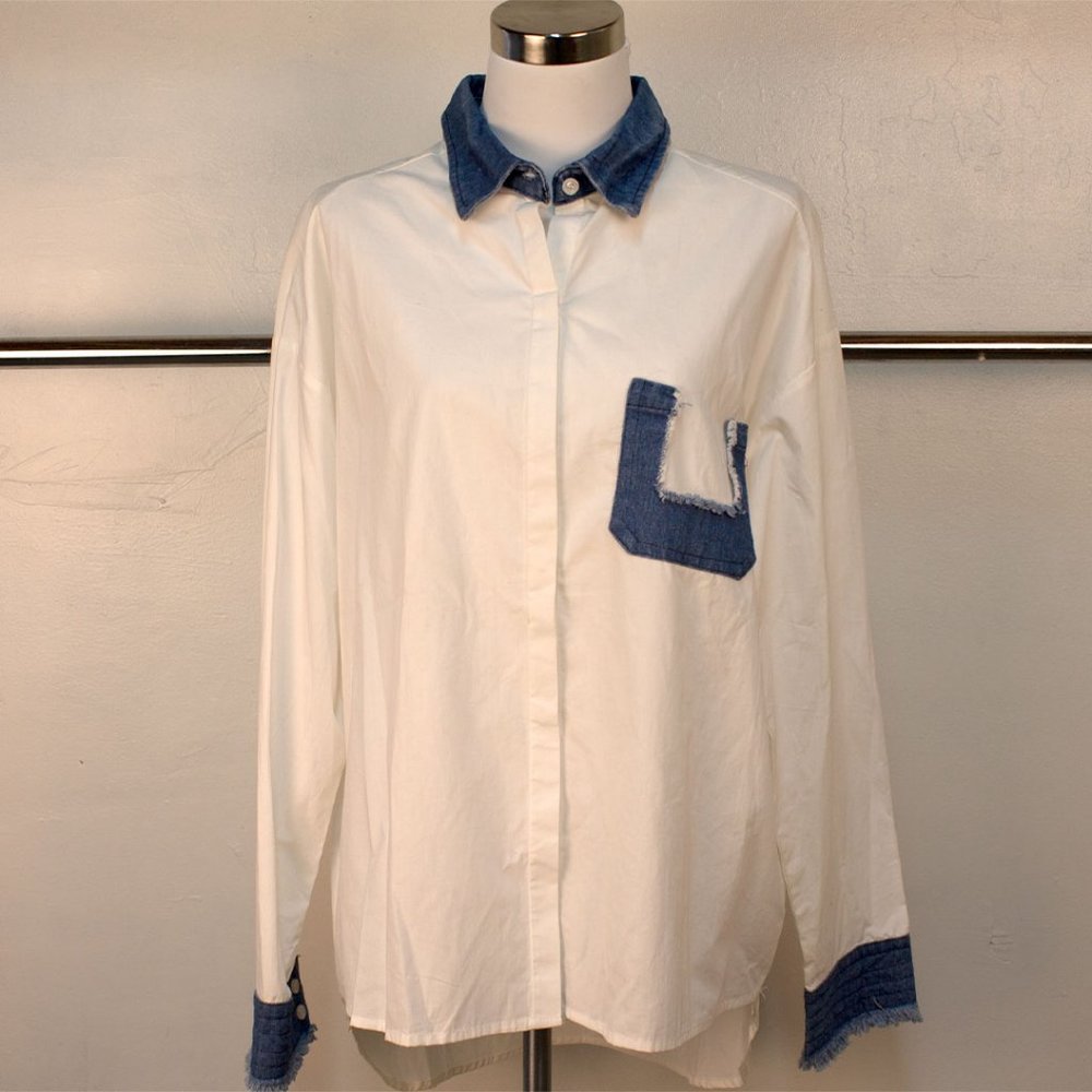 Oversized Button Up Top with Denim Contrast